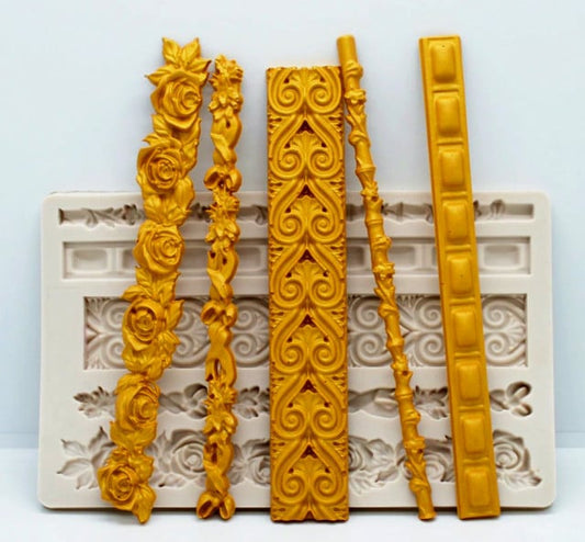 Fantastico Bordo in 5 decorazioni Floreale e Barocco Vintage. Grande stampo in silicone