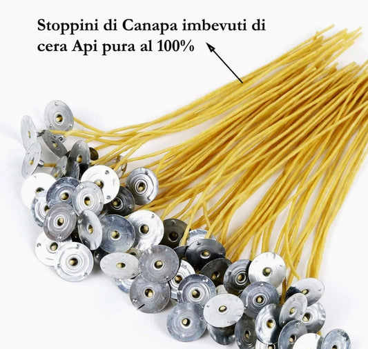 10 Stoppini di Canapa 11 e 21 cm imbevuti di cera Api pura al 100%