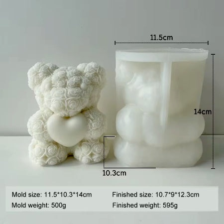 Grande Orsetto con Rose e Cuore. Stampo 14 cm in silicone anche per Candele