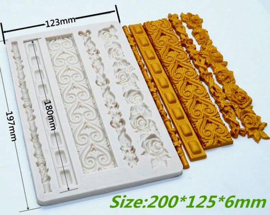 Fantastico Bordo in 5 decorazioni Floreale e Barocco Vintage. Grande stampo in silicone