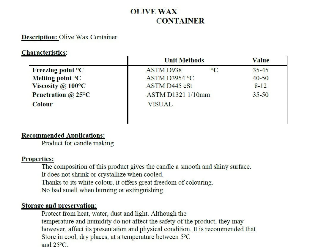Cera Olive Extra Bianca per CONTENITORI. Nuova produzione