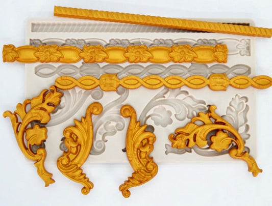 Grande Bordo Barocco Floreale con 7 decorazioni. Stampo Fiori in silicone