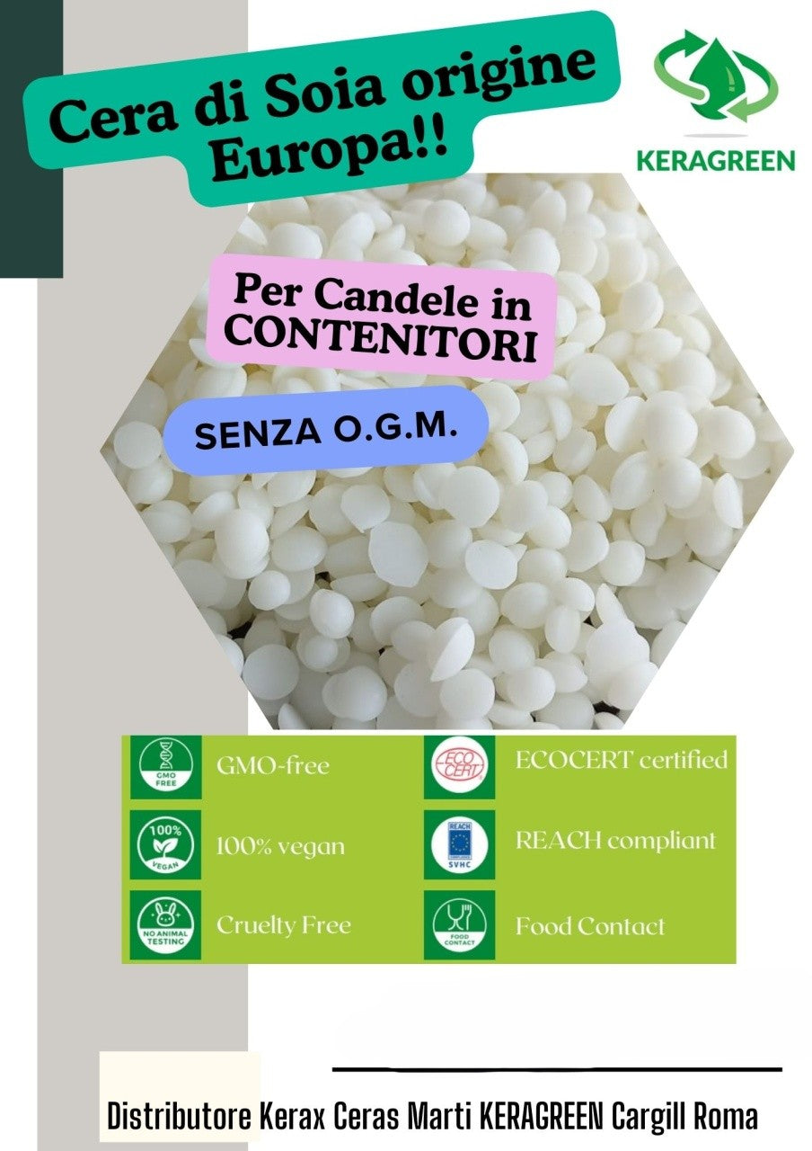 Contenitori. Cera Soia Extra Bianca Produzione in EUROPA per Candele. KERAGREEN