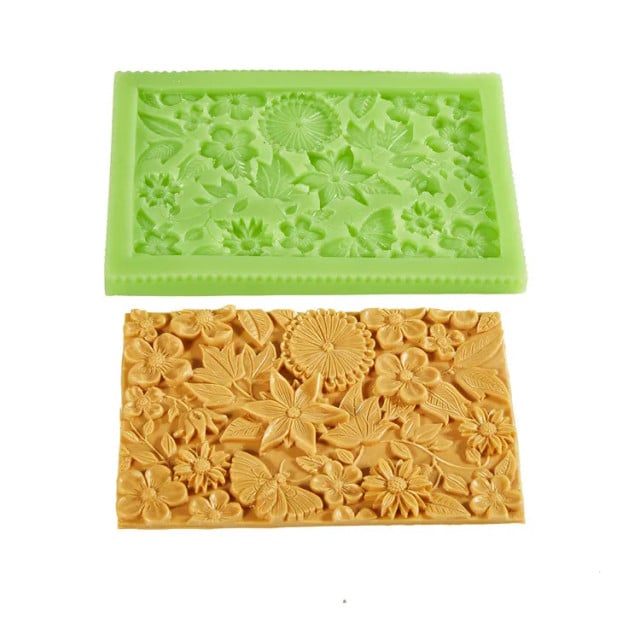 Bordo Floreale con molti Fiori e Farfalla di 18 cm. Stampo in silicone di grande effetto