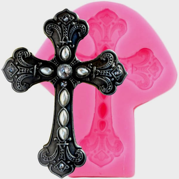 Croce decorata con Perle incise. Jeweled Cross Fondant Mold. Stampo in silicone
